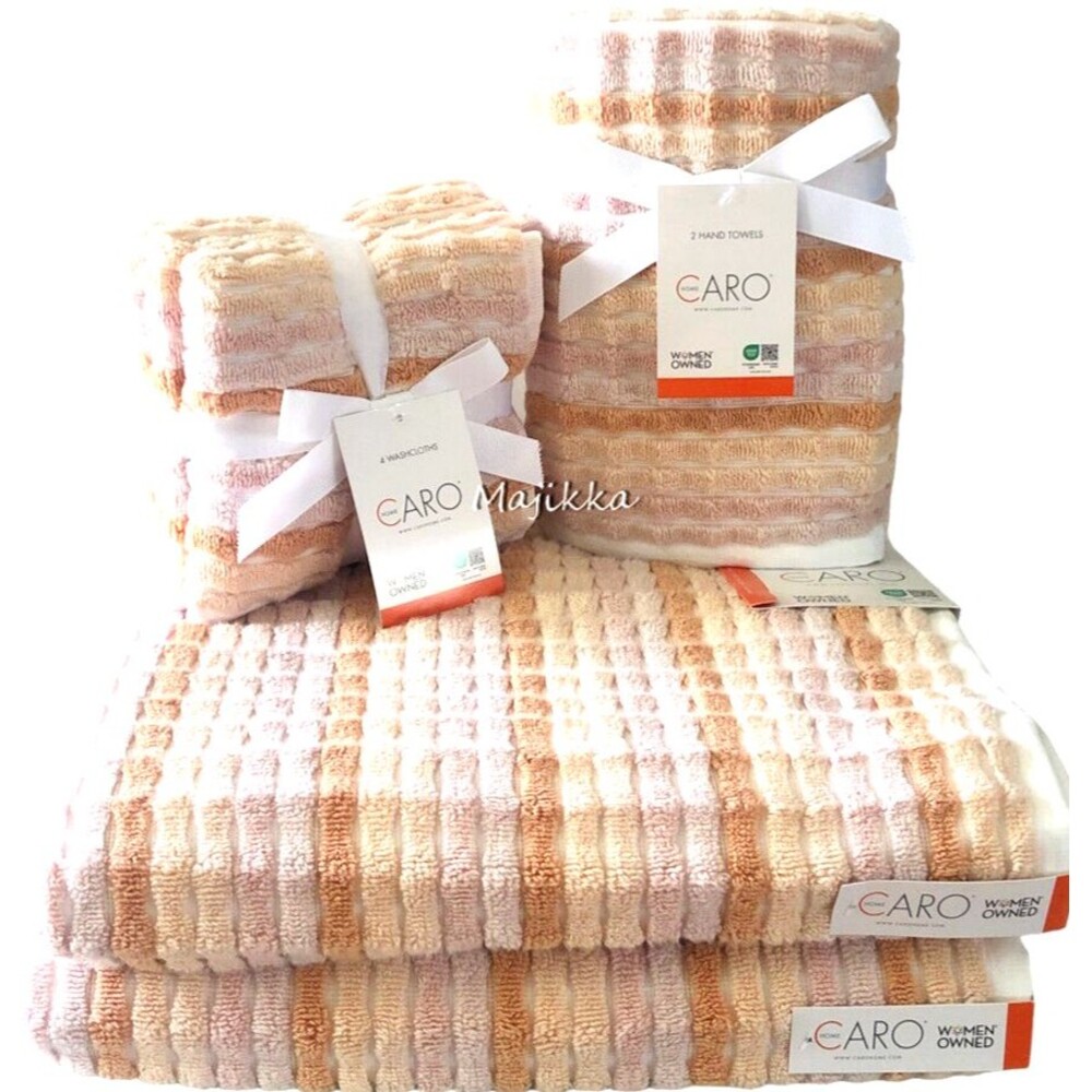 Caro 8 Piece Towel Set 2 Bath 2 Hand 4 Facecloths Peach Apricot Stripe Cotton